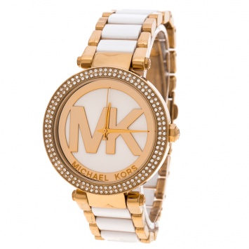 Pre Owned Michael Kors White Dial Yellow Gold Plated Acetate Parker MK6313 Women's Wristwatch 39 mm
