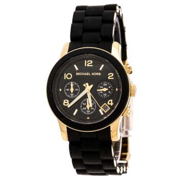 Pre Owned Michael Kors Black Gold Plated Stainless Steel Black Silicon Rubber Runway MK5191 Women's Wristwatch 38 mm