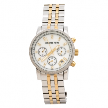 Pre Owned Michael Kors White Mother Of Pearl Two-Tone Stainless Steel Ritz MK5057 Women's Wristwatch 36 mm