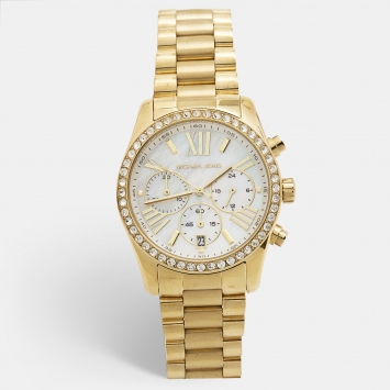 Pre Owned Michael Kors Mother of Pearl Gold Plated Stainless Steel Lexington MK7241 Women's Wristwatch 38 mm 