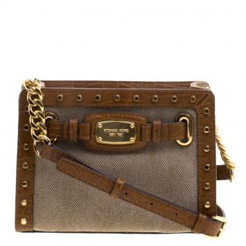 Pre Owned Michael Michael Kors Brown Canvas and Leather Studded Hamilton Crossbody Bag