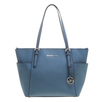 Pre Owned Michael Michael Kors Blue Saffiano Leather Jet Set Top Zip Tote