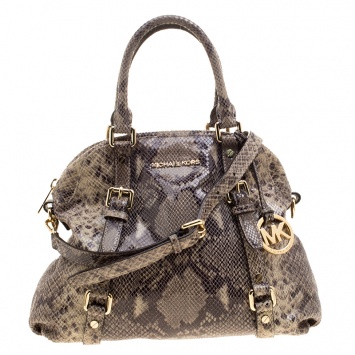 Pre Owned Michael Michael Kors Cream/Grey Python Embossed Leather Satchel with Wallet