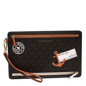Pre Owned MICHAEL Michael Kors Brown Signature Coated Canvas Large Sail Away Travel Wristlet 
