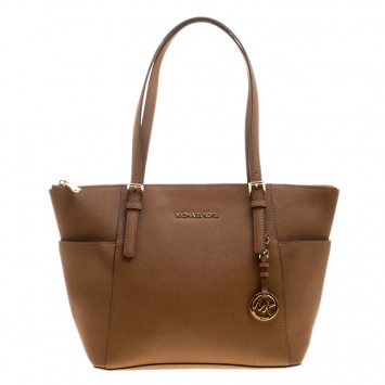 Pre Owned Michael Michael Kors Brown Saffiano Leather Top-zip Jet Set Tote