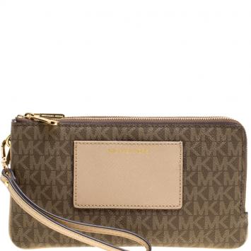 Pre Owned Michael Michael Kors Khaki/ Light Beige Signature Coated Canvas and Leather Large Bedford Double Zip Wristlet