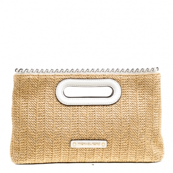 Pre Owned Michael Michael Kors Beige/White Woven Straw and Leather Rosalie Shoulder Bag