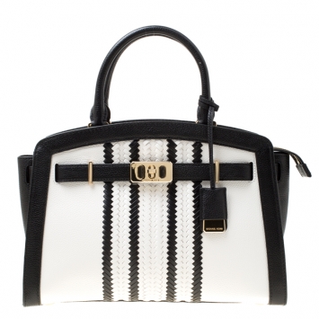 Pre Owned Michael Michael Kors White/Black Leather Large Karson Satchel