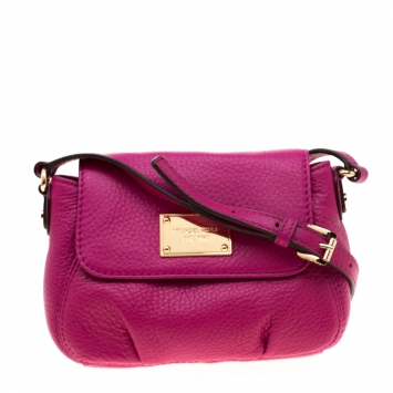 Pre Owned Michael Kors Fuschia Leather Jestset Flap Crossbody Bag