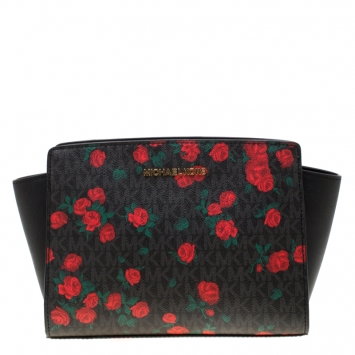 Pre Owned MICHAEL Michael Kors Black/Red MK Rose Leather Medium Selma Tote