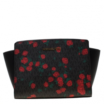 Pre Owned MICHAEL Michael Kors Black/Red Rose Printed Signature Leather Medium Selma Crossbody Bag 