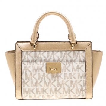 Pre Owned MICHAEL Michael Kors Gold/White Signature Coated Canvas and Leather Tina TZ Tote