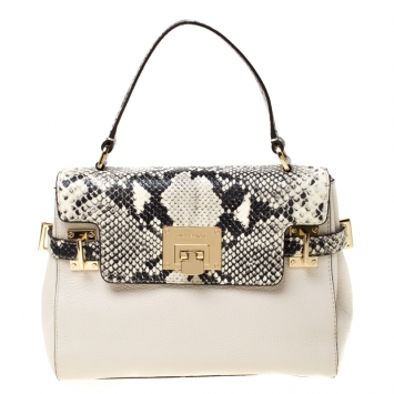 Pre Owned Micheal Kors Cream Python Embossed Leather Astrid Top Handle Bag