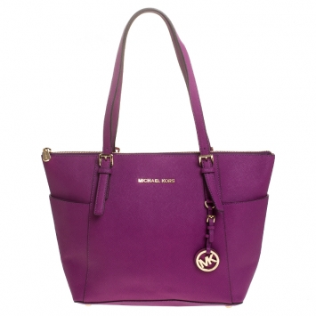Pre Owned Michael Michael Kors Purple Saffiano Leather Top Zip Jet Set Tote