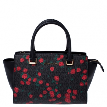 Pre Owned MICHAEL Michael Kors Black/Red Rose Printed Signature Leather Medium Selma Tote