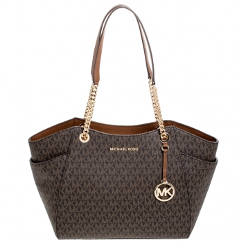 Pre Owned Michael Kors Brown Coated Canvas Jet Set Travel Satchel
