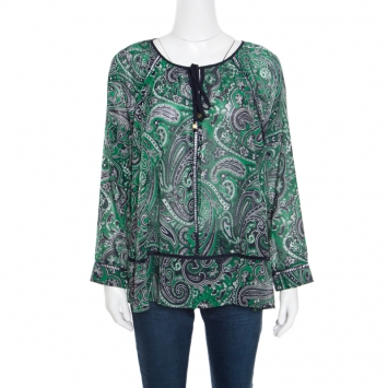 Pre Owned Michael Michael Kors Navy Blue and Green Paisley Printed Ladder Lace Insert Tie Detail Blouse M