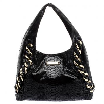 Pre Owned Michael Michael Kors Black Python Embossed Suede ID Chain Hobo
