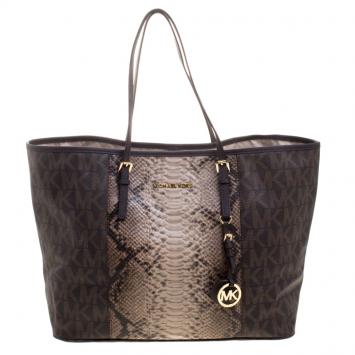 Pre Owned Michael Michael Kors Dark Brown Python Embossed Signature Leather Jetset Tote