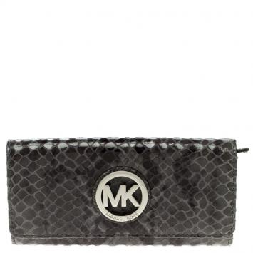 Pre Owned Michael Michael Kors Grey Python Embossed Leather Fulton Flap Wallet