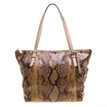 Pre Owned Michael Michael Kors Brown Python Embossed Leather Top Zip Jet Set Tote