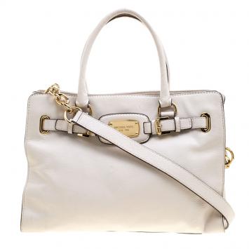 Pre Owned Michael Michael Kors White Leather East West Hamilton Tote