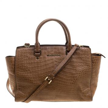Pre Owned Michael Michael Kors Brown Croc Embossed Leather Medium Selma Tote