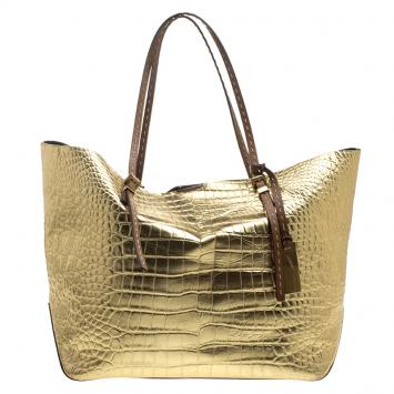 Pre Owned Michael Michael Kors Metallic Gold Croc Embossed Leather Gia Tote