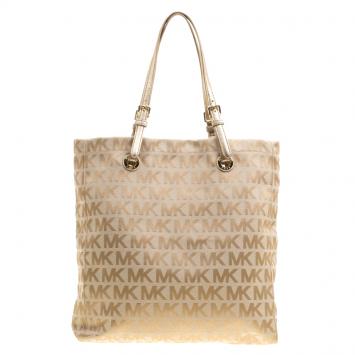 مملوكة مسبقًا Michael Kors Beige/Gold Monogram Canvas and Leather Tote