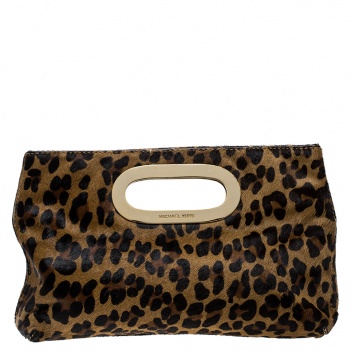 Pre Owned Michael Michael Kors Brown Leopard Print Calfhair Clutch
