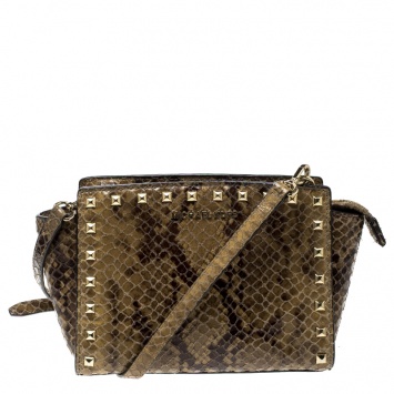 Pre Owned Michael Michael Kors Brown Python Embossed Leather Studded Shoulder Bag