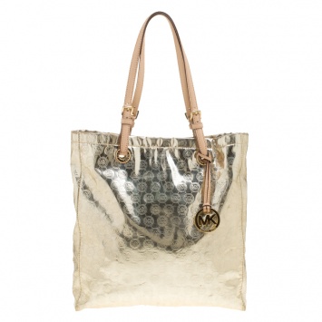 Pre Owned Michael Michael Kors Pale Gold Monogram Patent Leather Jet Set North South Tote
