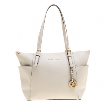 Pre Owned Michael Michael Kors Off White Saffiano Leather Top Zip Jet Set Tote
