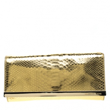 Pre Owned Michael Michael Kors Metallic Gold Python Print Leather Tilda Clutch