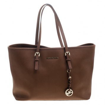 Pre Owned Michael Michael Kors Brown Saffiano Leather Jet Set Tote