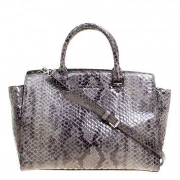 Pre Owned Michael Michael Kors Grey Snake Embossed Leather Medium Selma Tote
