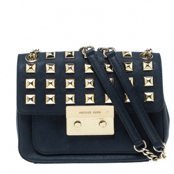 Pre Owned Michael Kors Navy Blue Leather Studded Sloan Shoulder Bag