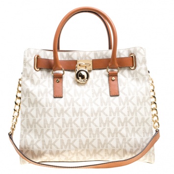 Pre Owned Michael Michael Kors Cream/Brown Coated Canvas and Leather East West Hamilton Tote