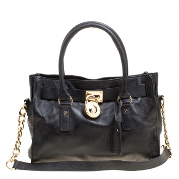 Pre Owned Michael Michael Kors Black Leather Medium Hamilton Top Handle bag