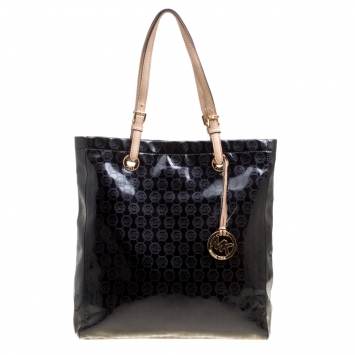 Pre Owned Michael Michael Kors Black Monogram Patent Leather Jet Set North South Tote