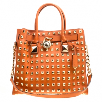 Pre Owned Michael Michael Kors Orange Leather Large Studded Hamilton Tote 