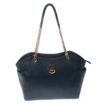 Pre Owned Michael Michael Kors Blue Saffiano Leather Jet Set Travel Shoulder Bag