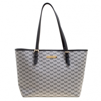 Pre Owned Michael Michael Kors Grey Signature Coated Canvas Medium Jet Set Travel Tote