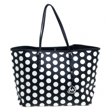 Pre Owned Michael Kors Black/White Polka Dot Jetset Tote