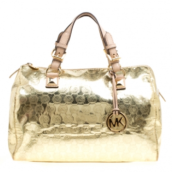 Pre Owned Michael Micahel Kors Metallic Gold Mirror Signature Leather Large Grayson Satchel 