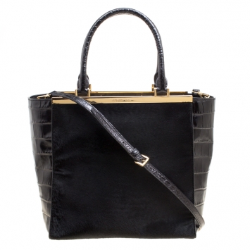 Pre Owned Michael Michael Kors Black Calf Hair and Croc Embossed Leather Lana Tote