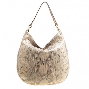 Pre Owned Michael Kors Beige Python Embossed Leather Medium Fulton Hobo