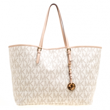 Pre Owned Michael Kors Off White Signature Coated Canvas Jetset Tote