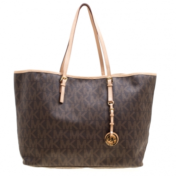 Pre Owned Michael Kors Dark Brown Signature Coated Canvas Jetset Tote
