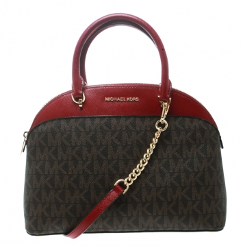 مملوكة مسبقًا Michael Kors Red/Brown Signature Coated Canvas and Leather Emmy Dome Satchel